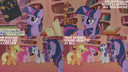 Size: 2000x1125 | Tagged: safe, derpibooru import, edit, edited screencap, editor:quoterific, screencap, applejack, pinkie pie, rarity, twilight sparkle, unicorn twilight, earth pony, pegasus, pony, unicorn, dragonshy, season 1, book, golden oaks library