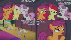 Size: 2000x1125 | Tagged: safe, derpibooru import, edit, edited screencap, editor:quoterific, screencap, all aboard, apple bloom, scootaloo, steamer, sweetie belle, twilight sparkle, hippogriff, surf and/or turf, cart, cutie mark crusaders