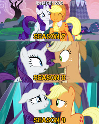 Size: 2458x3072 | Tagged: safe, derpibooru import, edit, edited screencap, editor:itsmgh1203, screencap, applejack, mean applejack, rarity, earth pony, pony, unicorn, honest apple, season 7, season 8, season 9, the beginning of the end, the mean 6, ^^, applejack's hat, clone, clothes, cowboy hat, crying, cute, duo, duo female, ears, eyes closed, female, floppy ears, frown, hat, hug, jackabetes, mare, open mouth, shipping fuel, smiling, sunset, text
