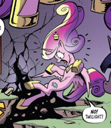 Size: 321x370 | Tagged: safe, artist:andypriceart, derpibooru import, idw, princess cadance, twilight sparkle, twilight sparkle (alicorn), alicorn, spoiler:comic, spoiler:comic102, cropped, panel, solo, surprised