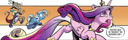 Size: 800x251 | Tagged: safe, artist:andypriceart, derpibooru import, idw, discord, princess cadance, trixie, alicorn, draconequus, pony, unicorn, g4, spoiler:comic, spoiler:comic102, comic panel, cropped, long hair, long mane, long tail, running, tail