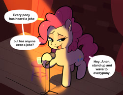 Size: 1671x1293 | Tagged: artist needed, safe, derpibooru import, pinkie pie, oc, oc:anon, 4chan, burn, comedy, drawthread, insult, joke, microphone, sick burn, smug, stage