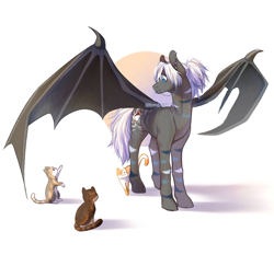 Size: 1608x1497 | Tagged: safe, artist:momoalistair, derpibooru import, oc, oc only, bat pony, cat, pony, piercing, shadow, simple background, solo, spread wings, white background, wings