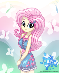 Size: 2015x2490 | Tagged: safe, artist:rjp.rammy, derpibooru import, fluttershy, butterfly, equestria girls, blushing, clothes, cute, dress, eyeshadow, female, makeup, shyabetes, solo