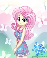 Size: 1080x1335 | Tagged: safe, artist:rjp.rammy, derpibooru import, fluttershy, butterfly, human, equestria girls, equestria girls series, bare shoulders, blushing, breasts, clothes, cute, cutie mark on clothes, female, hairpin, looking at you, reasonably sized breasts, shyabetes, signature, sleeveless, smiling, smiling at you, solo