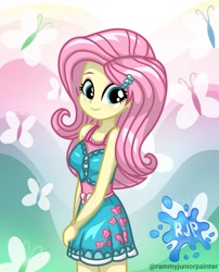 Size: 1080x1335 | Tagged: safe, alternate version, artist:rjp.rammy, derpibooru import, fluttershy, butterfly, human, equestria girls, equestria girls series, bare shoulders, blushing, breasts, clothes, cute, cutie mark on clothes, female, hairpin, looking at you, reasonably sized breasts, shyabetes, signature, sleeveless, smiling, smiling at you, solo
