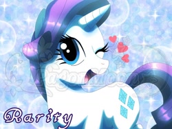 Size: 1024x768 | Tagged: safe, artist:pagonmoon, derpibooru import, rarity, pony, unicorn, abstract background, big honkin' watermark in the middle of everything, heart, one eye closed, solo, wink