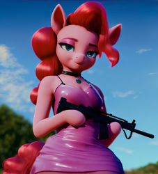 Size: 1392x1536 | Tagged: safe, derpibooru import, machine learning assisted, pinkie pie, anthro, 3d, choker, clothes, dress, eyeshadow, gun, jewelry, makeup, necklace, rifle, shiny clothing, solo, weapon