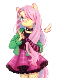 Size: 755x1038 | Tagged: safe, artist:melodylibris, derpibooru import, fluttershy, anthro, pegasus, blushing, choker, clothes, cute, draw this in your style, dtiys emoflat, ear blush, evening gloves, female, fingerless elbow gloves, fingerless gloves, fishnets, floating wings, gloves, grin, hair over one eye, hands together, head tilt, jacket, long gloves, looking up, plaid skirt, shyabetes, simple background, skirt, smiling, solo, spiked choker, striped gloves, white background, wings