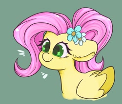 Size: 2017x1723 | Tagged: safe, artist:indigohatetrain, derpibooru import, fluttershy, pegasus, pony, alternate hairstyle, cute, female, flower, flower in hair, green background, simple background, solo