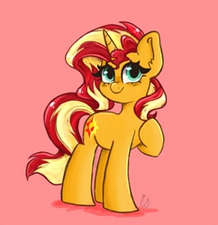 Size: 1748x1804 | Tagged: safe, artist:indigohatetrain, derpibooru import, sunset shimmer, pony, unicorn, cute, female, pink background, simple background, solo