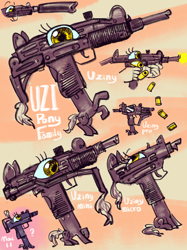 Size: 3500x4667 | Tagged: safe, artist:ja0822ck, derpibooru import, object pony, original species, pony, bullet casing, gun, gun pony, my little x, ponified, species swap, submachinegun, suppressor, uzi, wat, weapon, what has science done