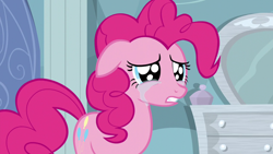 Size: 1280x720 | Tagged: safe, derpibooru import, screencap, pinkie pie, earth pony, pony, season 5, tanks for the memories, crying, cute, diapinkes, ears, female, floppy ears, implied rainbow dash, mare, pinkie cry, sad, sadorable, solo, teary eyes