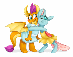 Size: 3894x3046 | Tagged: safe, artist:luximus17, derpibooru import, ocellus, smolder, changedling, changeling, dragon, blushing, clothes, commission, dragoness, dress, female, hug, lesbian, one eye closed, shipping, smolcellus