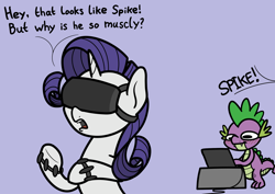 Size: 2048x1448 | Tagged: safe, artist:ewoudcponies, derpibooru import, rarity, spike, dragon, pony, unicorn, computer, duo, female, male, offscreen character, simple background, virtual reality