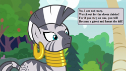 Size: 1280x720 | Tagged: safe, derpibooru import, edit, edited screencap, screencap, zecora, comic:my little pony (g1), g1, g4, she talks to angel, g1 to g4, generation leap, implied doom daisies, offscreen character, speech, speech bubble, talking, uh oh