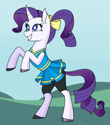 Size: 1280x1451 | Tagged: safe, artist:sicknastyjr, derpibooru import, rarity, pony, unicorn, bow, cheerleader, cheerleader outfit, clothes, female, hair bow, mare, rearing, shorts, skirt, smiling, solo, white pupils