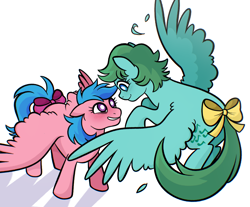 Size: 1280x1062 | Tagged: safe, artist:sicknastyjr, derpibooru import, firefly, medley, pegasus, pony, g1, blushing, bow, duo, female, flying, lesbian, looking at each other, looking at someone, mare, medlefly, shipping, smiling, smiling at each other, tail, tail bow, white pupils
