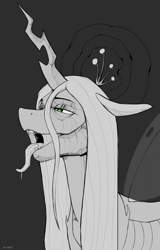 Size: 2125x3320 | Tagged: safe, artist:kirasunnight, derpibooru import, queen chrysalis, changeling, changeling queen, exoskeleton, grayscale, monochrome, open mouth, partial color, solo, tongue, tongue out