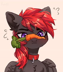 Size: 3620x4096 | Tagged: safe, artist:konejo, derpibooru import, oc, oc only, oc:hardy, pegasus, pony, behaving like a dog, carrot, collar, collar ring, cross-eyed, cute, female, food, mare, simple background, solo