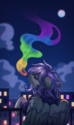 Size: 2375x4000 | Tagged: safe, artist:dedfriend, derpibooru import, oc, oc only, pegasus, pony, chromatic aberration, cigarette, city, clothes, eyes closed, night, pegasus oc, smoking, solo