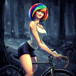 Size: 900x900 | Tagged: safe, derpibooru import, generator:stable diffusion, machine learning generated, rainbow dash, human, equestria girls, legend of everfree, bare shoulders, bicycle, bike shorts, clothes, compression shorts, female, forest, humanized, night, shorts, sleeveless, solo, tanktop, wrong eye color
