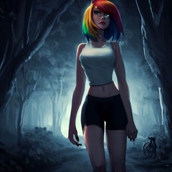 Size: 900x900 | Tagged: safe, derpibooru import, generator:stable diffusion, machine learning generated, rainbow dash, equestria girls, legend of everfree, bare shoulders, bicycle, bike shorts, clothes, compression shorts, forest, midriff, night, shorts, sleeveless, solo, tanktop, walking