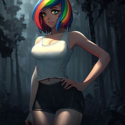 Size: 900x900 | Tagged: safe, derpibooru import, generator:stable diffusion, machine learning generated, rainbow dash, equestria girls, legend of everfree, bare shoulders, bike shorts, clothes, compression shorts, forest, hand on hip, midriff, night, sleeveless, solo, standing, tanktop, wrong eye color