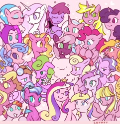 Size: 1566x1623 | Tagged: safe, artist:laymy, derpibooru import, aloe, berry punch, berryshine, cheerilee, clear sky, daisy, diamond tiara, fleur-de-lis, flower wishes, lily, lily valley, luster dawn, pinkie pie, princess cadance, sugar belle, sunshine smiles, toola roola, alicorn, crystal pony, earth pony, pegasus, pony, unicorn, :3, :o, crown, cute, drunk bubbles, eyes closed, female, filly, flag, flower, foal, freckles, frown, goggles, grin, heart, jewelry, mare, open mouth, pink, regalia, smiling, sparkles, sunflower (g4)