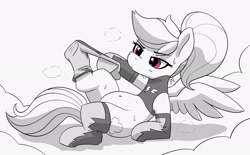 Size: 2500x1549 | Tagged: safe, artist:pabbley, derpibooru import, rainbow dash, pegasus, pony, alternate hairstyle, belly, belly button, clothes, cloud, female, grayscale, latex, latex socks, lying down, lying on a cloud, mare, monochrome, on a cloud, on back, partial color, ponytail, socks, solo, spread wings, undressing, uniform, wings, wonderbolts uniform
