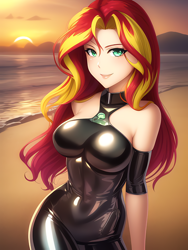 Size: 1020x1360 | Tagged: safe, derpibooru import, editor:sammykun, generator:stable diffusion, machine learning generated, sunset shimmer, human, bare shoulders, beach, belly button, bodysuit, breasts, choker, clothes, female, humanized, latex, latex suit, lips, long hair, looking at you, mountain, mountain range, rubber, rubber suit, shiny, skintight clothes, sleeveless, solo, solo female, stupid sexy sunset shimmer, sunset, sunset jiggler, tight clothing