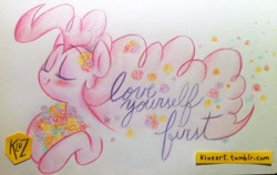 Size: 1000x633 | Tagged: safe, artist:kluzart, derpibooru import, pinkie pie, pony, flower, solo, traditional art