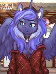 Size: 1140x1520 | Tagged: safe, artist:eltaile, derpibooru import, princess luna, alicorn, anthro, horse, pony, absolute cleavage, breasts, cap, cheek fluff, cleavage, clothes, collar, cute, ear fluff, ears, eyebrow piercing, female, fluffy, freckles, hat, horn, off shoulder, piercing, shirt, shoulder fluff, shoulder freckles, teenager