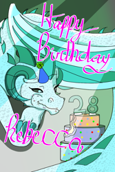 Size: 800x1200 | Tagged: safe, artist:lullabyjak, derpibooru import, dragon, birthday, birthday cake, cake, eating cake, food, hat, party hat