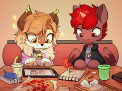 Size: 2628x1967 | Tagged: safe, artist:sofiko-ko, derpibooru import, oc, oc:hardy, oc:sofiko, alicorn, deer, pony, clothes, drawing, ear fluff, ears, female, food, magic, male, pizza, stallion, straight, telekinesis, tongue, tongue out