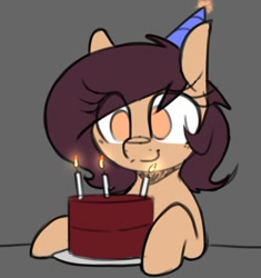 Size: 899x957 | Tagged: safe, artist:lockheart, derpibooru import, oc, oc only, oc:lockie, earth pony, pony, birthday cake, birthday candles, cake, candle, eye clipping through hair, female, food, gray background, hat, mare, no pupils, party hat, simple background, smiling, solo