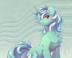 Size: 4940x4000 | Tagged: safe, artist:dedfriend, derpibooru import, lyra heartstrings, pony, unicorn, chest fluff, female, mare, music notes, redraw, signature, smiling, solo