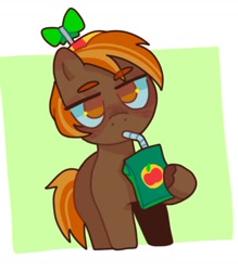 Size: 1440x1641 | Tagged: safe, artist:ariariari.png, derpibooru import, button mash, earth pony, pony, foal, hat, juice, juice box, propeller hat, solo