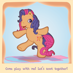 Size: 1197x1197 | Tagged: safe, artist:prixy05, derpibooru import, scootaloo, scootaloo (g3), earth pony, pony, g3, blue background, caption, hopscotch (game), scootaloo will show us games to play, simple background, solo, text