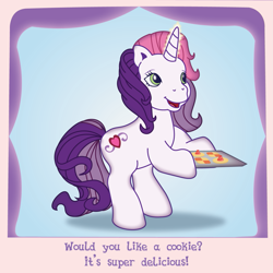 Size: 1197x1197 | Tagged: safe, artist:prixy05, derpibooru import, sweetie belle (g3), pony, unicorn, g3, blue background, caption, cookie, cute, food, g3 diasweetes, simple background, solo, text