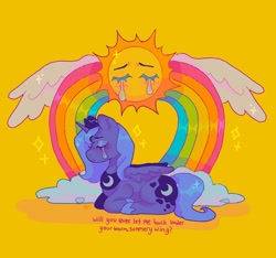 Size: 1440x1348 | Tagged: safe, artist:ariariari.png, derpibooru import, princess luna, alicorn, pony, crying, lying down, ponyloaf, prone, rainbow, s1 luna, simple background, solo, sun, text, wings, yellow background