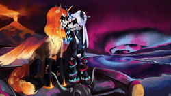 Size: 2560x1440 | Tagged: safe, artist:krapinkaius, derpibooru import, oc, oc only, oc:ayzat, oc:naegissa, alicorn, aurora, boots, braid, car, cigarette, cigarette kiss, colored wings, corpse paint, duo, female, hand, helmet, horned helmet, infinite eclipse, lake, magic, magic hands, mare, metalhead, multicolored wings, plushie, shoes, smoking, viking helmet, volcano, water, wings