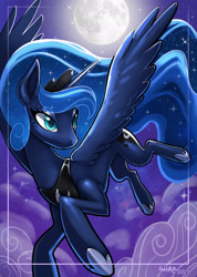 Size: 1622x2272 | Tagged: safe, artist:shazzykatana, derpibooru import, princess luna, alicorn, pony, blue eyes, blue mane, blue tail, cloud, crown, digital art, ethereal tail, eyeshadow, feather, female, flowing mane, flowing tail, flying, hoof shoes, horn, jewelry, lidded eyes, makeup, mare, moonlight, night, peytral, regalia, signature, sky, smiling, solo, spread wings, tail, wings