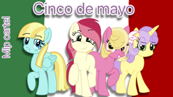 Size: 1280x720 | Tagged: source needed, safe, artist:mlpcartel, derpibooru import, helia, lily, lily valley, roseluck, sunshine petals, earth pony, pegasus, pony, unicorn, cinco de mayo, female, flower, flower in hair, freckles, looking at you, mare, mexican flag, raised hoof, raised leg, smiling
