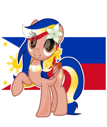 Size: 678x800 | Tagged: safe, artist:diniarvegafinahar, derpibooru import, oc, oc only, oc:pearl shine, pegasus, pony, choker, colored wings, female, flag, flower, flower in hair, gradient wings, mare, nation ponies, philippines, ponified, raised hoof, raised leg, simple background, smiling, solo, species swap, stars, white background, wings