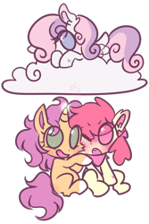 Size: 800x1200 | Tagged: safe, artist:cutiesparke, derpibooru import, apple bloom, scootaloo, sweetie belle, pegasus, pony, unicorn, alternate universe, belly, blushing, bow, cloud, coat markings, cutie mark crusaders, ear fluff, ears, excited, eye clipping through hair, female, filly, foal, hair bow, horn, kerchief, lightly watermarked, looking at you, lying down, lying on a cloud, no pupils, on a cloud, pegasus sweetie belle, race swap, simple background, sitting, socks (coat marking), sparking horn, spread wings, teasing, transparent background, trio, unicorn scootaloo, watermark, wings