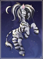 Size: 2400x3240 | Tagged: safe, artist:hakaina, derpibooru import, oc, oc only, zebra, constellation, moon, solo, stars, zebra oc