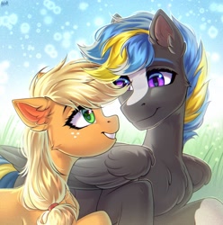 Size: 2800x2820 | Tagged: safe, artist:hakaina, derpibooru import, applejack, oc, oc:tornado turbulence, earth pony, pegasus, pony, chest fluff, duo, ear fluff, ears, looking at each other, looking at someone