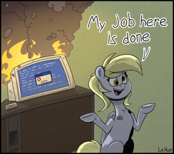 Size: 2306x2042 | Tagged: safe, artist:la hum, derpibooru import, derpy hooves, pegasus, pony, blue screen of death, computer, cyrillic, derp, derpy being derpy, female, fire, i just don't know what went wrong, mare, milestone, name tag, shrug, smoke, solo