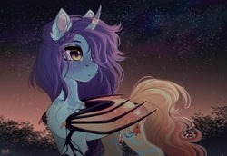 Size: 2900x2000 | Tagged: safe, artist:hakaina, derpibooru import, oc, oc only, alicorn, bat pony, bat pony alicorn, pony, bat pony oc, bat wings, ear fluff, ears, horn, night, solo, stars, wings